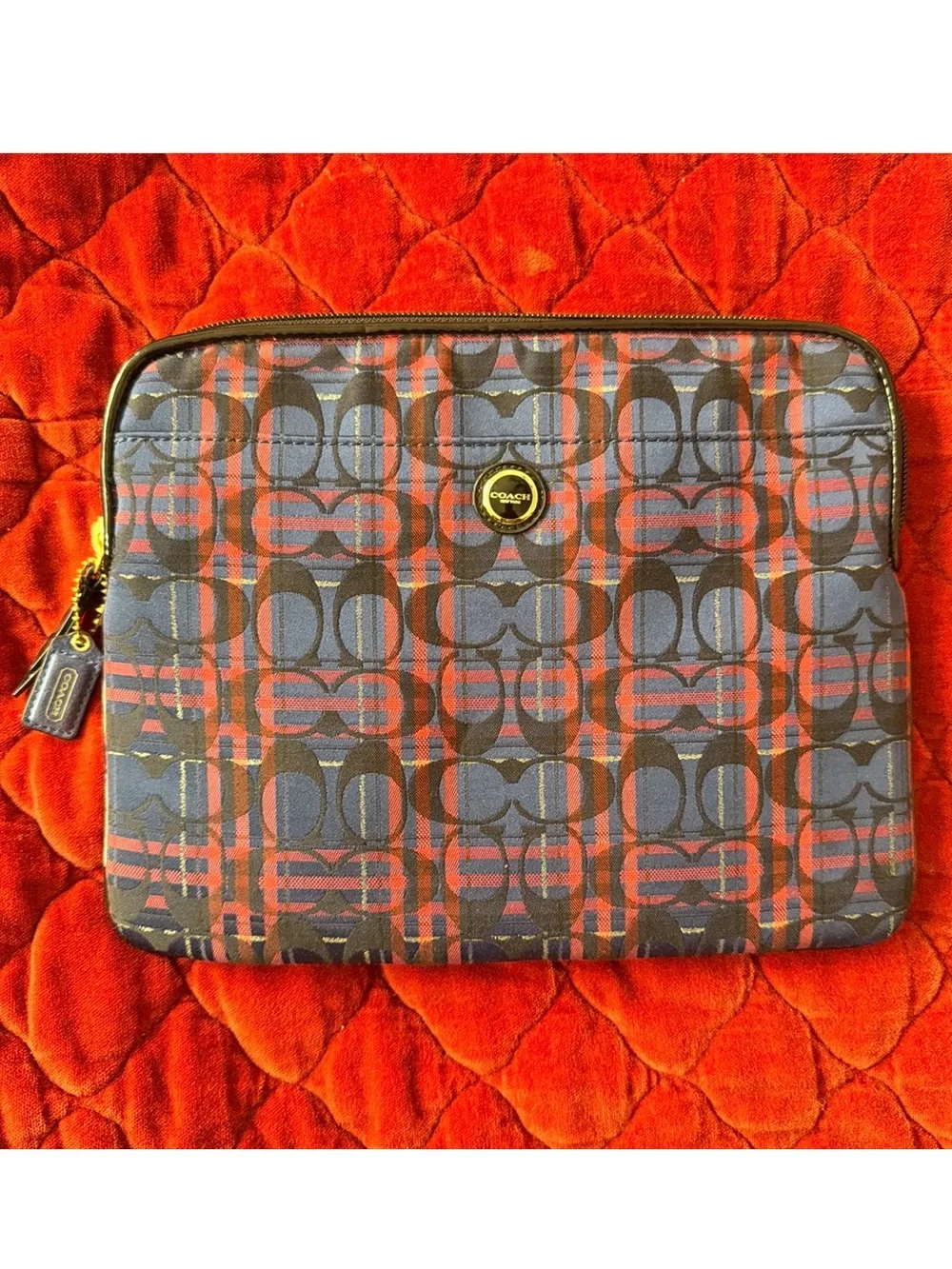 NWOT Coach Signature Plaid Laptop / Tablet Sleeve – Navy & Red